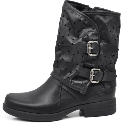 IF Fashion Scarpe Da Donna Stivali Stivaletti Biker Fibbie Anfibi Al Polpaccio Largo Con Fibbie 647-3 Nero N.40