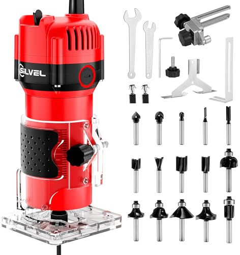 SILVEL - 800 W träfräs träbearbetning 6,5 A 1,25 hk handhållet trä router verktyg 30 000R/MIN kompakt kanttrimmer med router bitsats