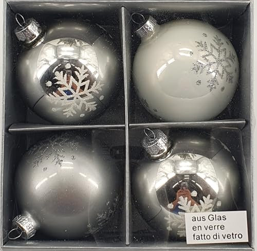 Glas Weihnachtskugeln mit Ornamenten Set mit 4 Stück Verschiedene Designs Silber und Weiß 80575