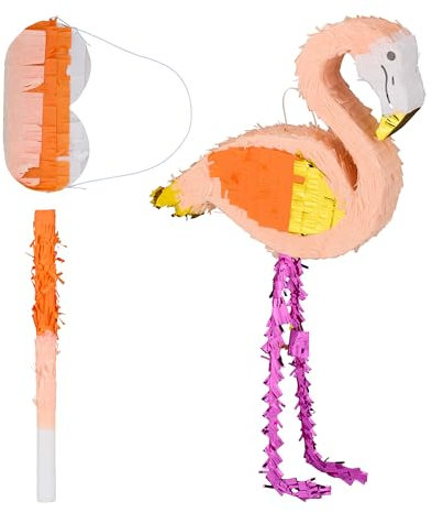 Relaxdays Pinata Flamingo, mit Stab & Maske, Partypinata Kinder, Geburtstag, zum Befüllen, HxBxT: 81 x 44 x 8 cm, bunt