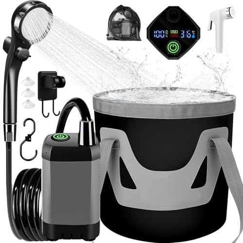 Doccia da Campeggio, 6000 mAh Doccia Portatile Ricaricabile, Doccetta da Esterno con Display Digitale Intelligente e Secchio Pieghevole per Spiaggia Giardino Animali Animali Domestici, Emergenza