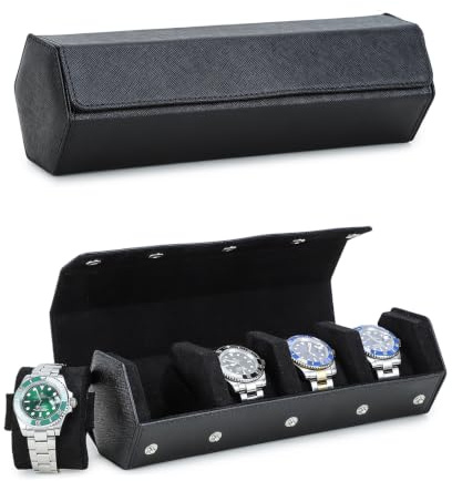 Hiram Hexagon Watch Case Genuine Saffiano Leather Watch Box for 4 Watches, Leather 4-Slot Watches Protective Storage Case Watch Display Organizer for Men (Black)