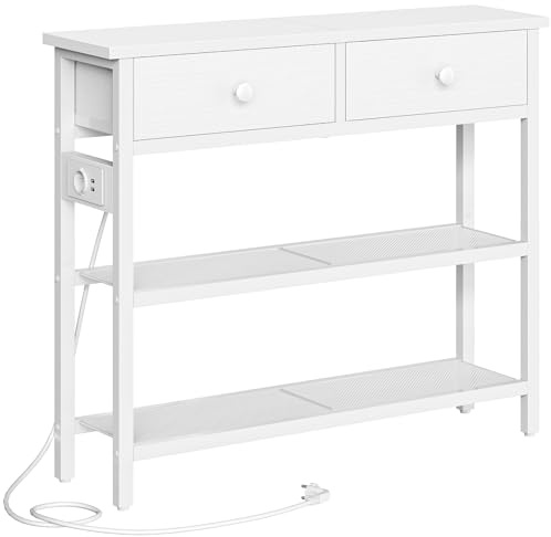 HOOBRO Mesa de Consola de 75 cm, Mesa de Entrada con Regleta, 2 Cajones de Tela, Estantes de Rejilla Metálicas, Expositor, para Entrada, Pasillo, Sala de Estar, Blanco EWW72CXG01