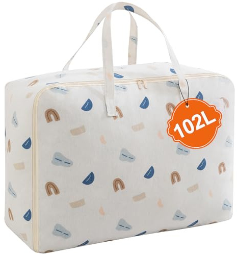 IHOMAGIC 102L Borsa Portaoggetti Grande, Borse Trasloco Pieghevole con Cerniera e Manico, Contenitori Sottoletto in Poliestere Cotone, Contenitori Vestiti Resistente per Piumone, Coperte,Grigio Chiaro