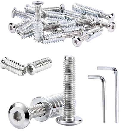 mawmuaw 12 uppsättningar skruvmutter M6 x 20 mm platta huvudskruvar M6 x 25 mm rostfritt stål gänghylsor för trä gänginsats rampamuff gängad med 2 nycklar för trämöbler säng bord stol
