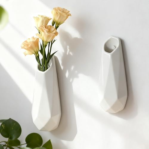JIDOFUE Modern vit väggvas i keramik, 12,7 cm hängande vas för blommor och växter, elegant väggdekoration för vardagsrum, kontor och kök
