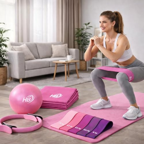 Generico Set Pilates Completo per Casa – Kit Fitness Corpo Intero con Tappetino, Anello Fitness, Palla Pilates e Bande Elastiche – Workout Casa Donna Uomo Allenamento