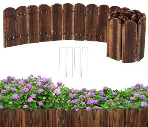 KAHEIGN Wood Garden Edging, 15CM x 120CM Flexible Lawn Border Edging No Dig Landscape Fence with 4Pcs Ground Pegs for Garden Border, Flower Bed, Yard Pathway and DIY Landscaping