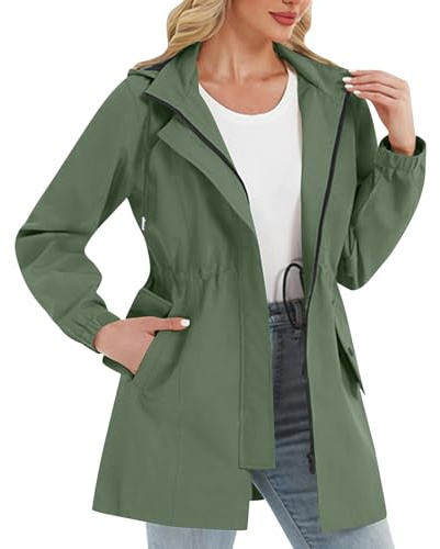 Lätt sommarjacka dam lång elegant, jacka dam övergångsjacka tunn, lång trenchcoat vandringsjacka med justerbart bälte vindjacka med huva andningsaktiv utomhusjacka för vandring, camping, Grön, XXL