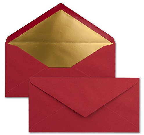 50 Brief-Umschläge DIN Lang - Dunkel-Rot mit Gold-Metallic Innen-Futter - 110 x 220 mm - Nassklebung - festliche Kuverts für Weihnachten