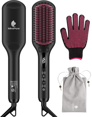 Enhanced Ceramic Hair Straightener Brush by MiroPure, 2-in-1 Ionic Straightening Brush with Anti-Scald Feature, Auto Temperature Lock & Auto-Off Function (Black)