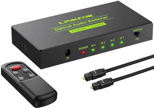 LiNKFOR 4x1 Switch Toslink SPDIF con IR Telecomando Supporto PCM2.0 DTS Dolby-AC3 Switcher Commutatore Audio Digitale 4 in 1 out in Lega di Alluminio Funziona Memoria con Cavo USB per PS3 DVD HDTV