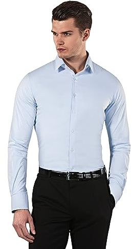 Vincenzo Boretti Camicia Elastica Uomo Eleganti, Taglio Molto Aderente (Extra Slim-Fit), Stretch, Collo Classico, Manica Lunga, in Tinta Unita - Easy Iron, Facile da Stirare Blu Ghiaccio 41-42