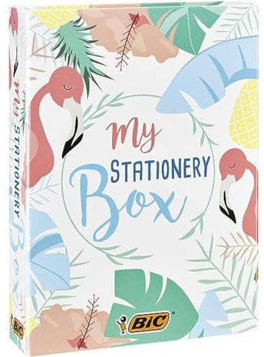 BIC Schreibwaren Set: 6 Kugelschreiber, 1 Notizbuch in DIN A5, 4 Textmarker, 10 Fineliner, 5 Permanent Marker, 1 Korrekturroller & 2 Haftzettelblöcke, My Stationary Box in Flamingo Design