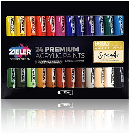 Zieler Premium Acrylic Paint Set (24 Large 22ml Tubes) Ideal for Paper, Canvas, Wood, Ceramic, Fabric & Crafts. Vibrant Colours & Rich Pigments