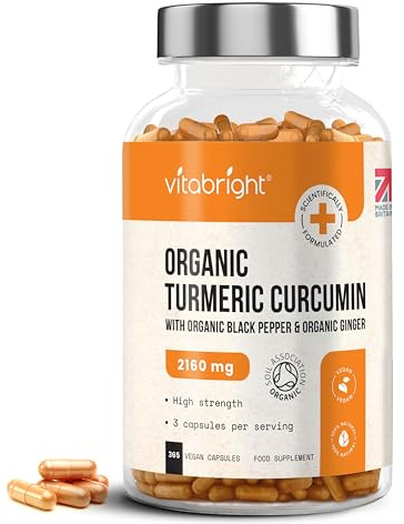 Turmeric and Black Pepper Capsules | 2160mg Dose | 365 Tablets | 4 Month Supply | 3 A Day | Herbal Supplements | High Strength Curcumin | VitaBright Organic Tumeric Supplement