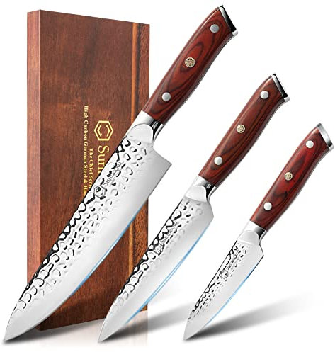 Sunnecko Coltelli da Cucina Professionali 3 pezzi, Set Coltello Spelucchino Chef Universale in Acciaio Inossidabile, Manico in Pakkawood