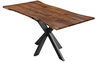 SAM Esszimmertisch 140x80cm Lyon, echte Baumkante, Akazienholz nussbaumfarben, massiver Baumkantentisch mit Spider-Gestell Mattschwarz, Esstisch im Industrial-Design