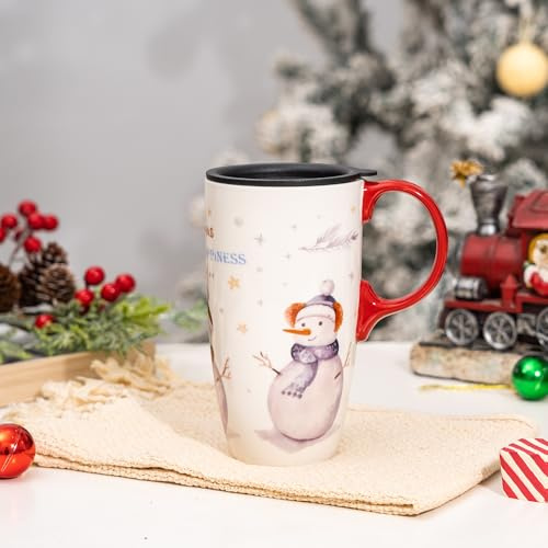 DUSVALLY keramisk julmugg med lock – 17 oz stor snögubbe tema kaffekopp, presentförpackning ingår