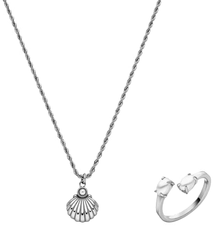 Purelei® Hapuna Schmuckset (Gold, Silber, Rosegold), Damen Schmuckset aus langlebigem Edelstahl, Wasserfeste Halskette und Ring mit Perlen und Muschel (Silber)