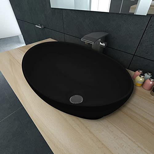 RONGQI Lavabo,Lavabo Salle de Bain,Meuble Salle de Bain,Vasque a Poser,Lavabo Ovale Céramique 40 x 33 cm Noir
