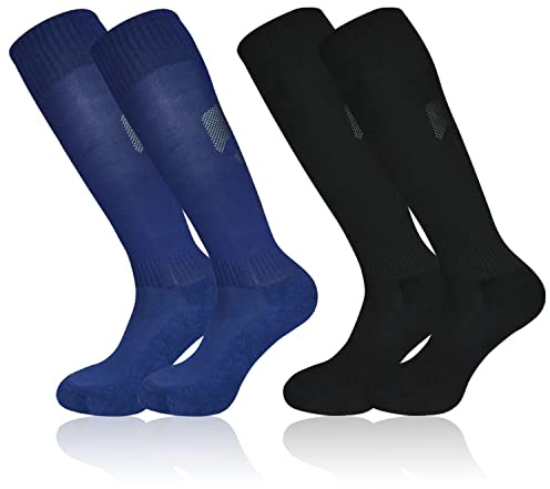 lvzhen 2 Pairs Kids Football Socks, Nonslip Football Socks Boys Girls Long Soccer Sock Sport Training Rugby Hockey Socks for Children Teenagers Ages 5~12 (UK, Age, 5 Years, 12 Years, Blue, Black)