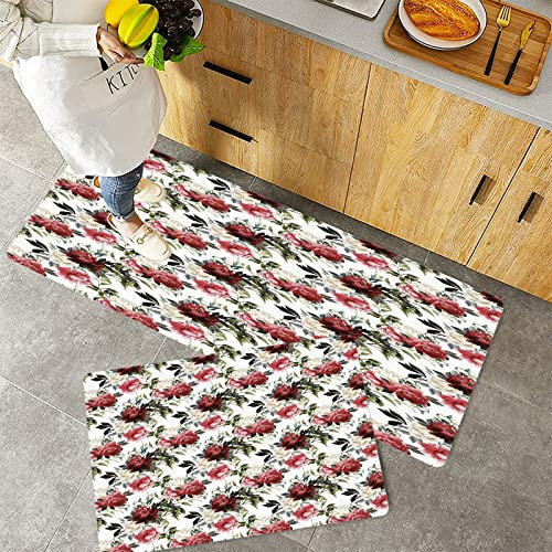 Küchenteppich Teppich Läufer Küchenläufer 2 Stück rutschfest,Shabby Chic, Landhausstil Blumen Blumen Rosen Aquarell Bildkunst, Creme Dark Coral Maroon , Waschbar für Flur Küche 40 x 100 cm+40 x 60 cm