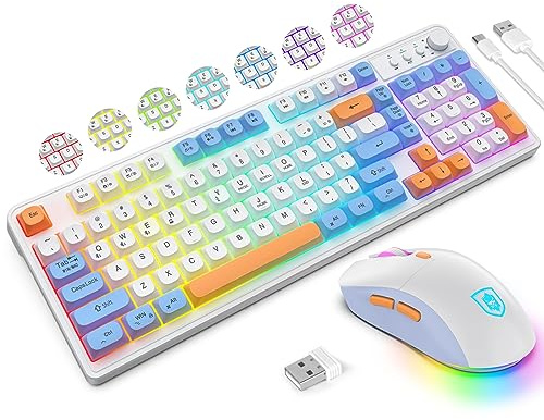 KOLMAX BT98 Wireless Keyboard and Mouse Combo,Triple Mode 2.4G/Wired/Bluetooth Gaming Keyboard and Mouse,Rechargeable Ergonomic RGB Backlit Light Up Keyboard Mouse with Knob for WinPC/Mac/Tablet White