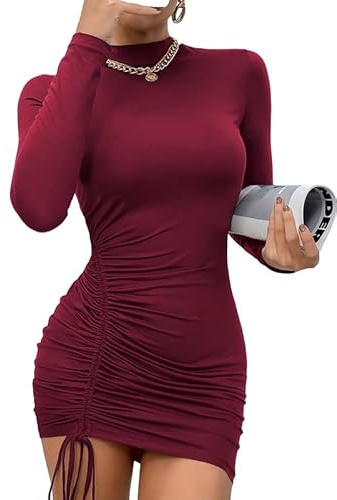 Rongseng Figurnära damklänning, ståkrage, bodycon miniklänning, långärmad höstklänning, sexig festklänning med dragsko, figurnära stretch, fritidsklänning med dragsko, mode, snäva klänningar