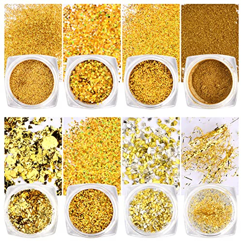 Natuce 8 Boîtes Ongles Paillettes Glitter, Poudre Paillette Nail Art, d'or Paillette à Ongle, Brillant Paillettes, pour DIY Ongles Visage Cheveux, Décoration de Festival
