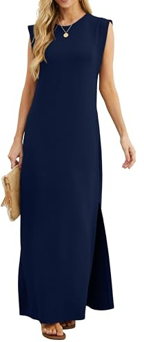 GRECERELLE Womens Summer Maxi Dress Casual Shirt Dresses Elegant Styles Basic Sleeveless Maxi Dresses for Women UK with Split and Pockets