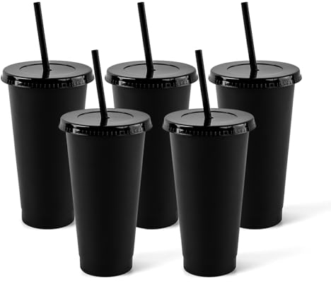 Reusable Glitter Cups with Lids and Straws Plastic Tumblers Travel Mugs for Adults to Drink Water Coffee Smoothie Beverages at Parties-710ml Pack of 5 Black