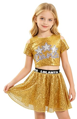 LOLANTA Abiti da Ballo per Ragazze con Paillettes, Abiti da Ballo Hip Hop Jazz Scintillanti, Top Corti con Gonna, Oro, 10-11 Anni, 150