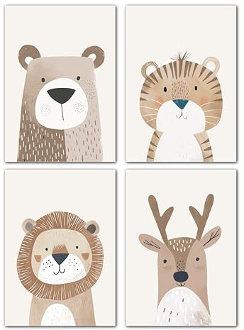 LAVEMA Bilder Babyzimmer Deko | Kinderzimmer Poster Tiere Beige | Poster A3 (30x42cm) ohne Bilderrahmen | Deko Bilder Kinderzimmer Mädchen und Jungen