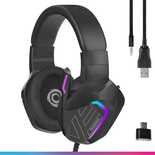 Oniverse Casque Gaming Filaire avec Micro réglable, Compatible PS5 PS4 Switch 2 Xbox PC Mac, Casque Gamer à LED, Haut-parleurs 50mm Confortables et Respirants, Filaire Jack - Meteor (Carbon Black)