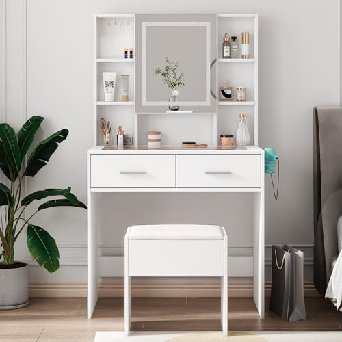 LEADZM Schminktisch mit Beleuchtung, Spiegel & Hocker, 3-Farben Licht, Glastisch mit Steckdose/Haartrocknerhalterung, 2 Schubladen & 6 Ablagen, Modernes Design (Weiß, 80x40x140 cm)