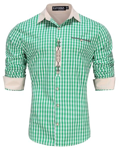 LUYANA Trachten Oktoberfest Shirt Men's Long Sleeve Bavarian Shirt Plaid Traditional Shirts Green XL