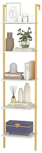 HOMASIS Scaffale a Scala a 5 Livelli, Libreria da Parete con Telaio in Metallo e Piedini Regolabili, Libreria a Muro con Protezione Anti-ribaltamento per Salotto, Ufficio (Bianco, 43 x 30 x 178 cm)