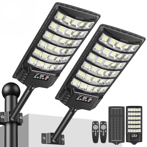 PEAKRO Lampione Solare Led Esterno, IP67 Impermeabile Faro con Pannello Solari, 6000K Lampione Stradale Solare Sensore di Movimento, Lampioni da Giardino Esterno con Telecomando per Garage Strada (2)