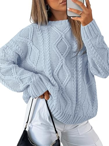 Trendy Queen Women's Oversized Cable Knit Crewneck Sweaters, Pastel Blue, M