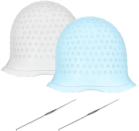 4 PCS Set Highlighting Cap, Hair Highlighting Kit, Hair Color Brush Set Professional Reusable Highlighting Caps with 2 PCS Hook Salon Hairdressing Dyeing Staining Tools for Women Men (White+Blue)