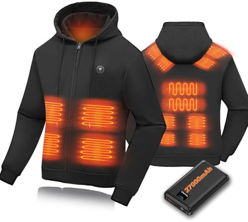 NEEMOSI Sweat Chauffant à Capuche avec 27000mAh Batterie Homme Femme, 14 Zones et 3 Températures Réglables Sweat a Capuche Zippé, Sweat a Capuche pour Vélo, pour la Randonnée, Le Ski(Noir,L)
