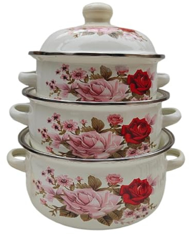 Baoblaze 3Pcs Enamel Stockpots with Lid Flat Bottom Cooking Pots Retro Design Kitchen Appliances Stew Bean Simmer Pot for Home Kitchen, Style A