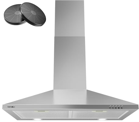 Hermitlux Range Hood 30 inch, Stainless Steel Wall Mount Vent Hoods for Kitchen with Charcoal Filter, Ducted/Ductless Convertible, 3 Speed Exhaust Fan, LED Light, Button Control