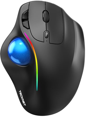 TECKNET Kabellose Trackball-Maus, Ergonomische Maus mit Bluetooth und verschlüsseltem Dongle, 6 Tasten,3 Geräte Verbindung, RGB-Beleuchtung, für PC/Mac