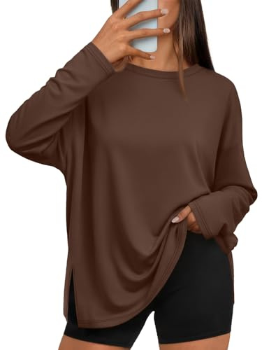 Trendy Queen Oversized Side Slit Tshirts for Women Long Sleeve Workout Tops Fall Fashion Gym Casual Tees Basic Y2K Clothes Brown S