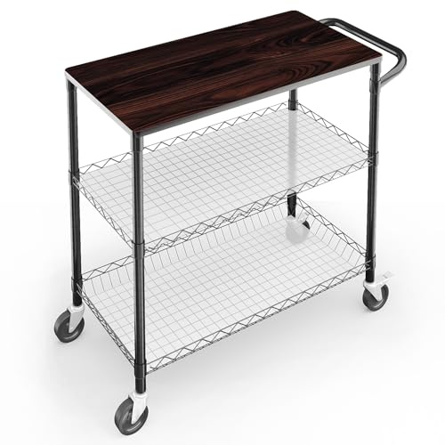 BPT servierwagen mit Rollen,Transportwagen mit Vertiefter Korb & 6 Haken,3 Ebenen Küchenwagen (schwarz-(300KG))