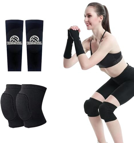 SMYJDMM Protectores de voleibol, 1 par de rodilleras de voleibol y 1 par, rodilleras de voleibol y 1 par, rodilleras de colisión de esponja, protector de rodilla, antebrazo y muñequera (negro)