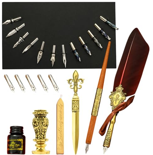 Generiskt fjäderpenna och bläckset | vintage kalligrafi dip pen kit | förbättrat vaxsigillstämpelset med reservspetsar, penna lyx vintage signatur penna presentset
