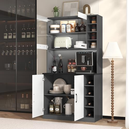VIVCA Armario de cocina de 100 x 47 x 187 cm, buffet con iluminación LED ambiental y agujeros para cables, tablero de cocina de madera, gran espacio para microondas, independiente, estantes laterales